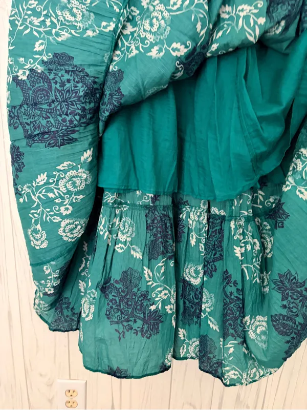 KRAZY KAT 100% Cotton Tiered Floral Maxi Skirt, Large, Teal Boho Cottagecore - Image 6