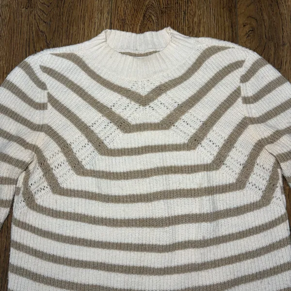 LOFT Mock Neck Striped Sweater Size Medium Flare Long Sleeve‎ White Brown Wool - Image 2