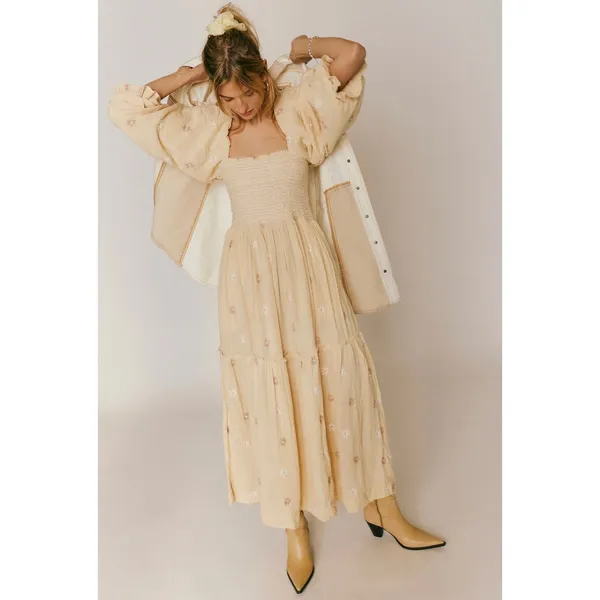 Free People Dahlia Embroidered Maxi Dress Sand Gauzy Smocked Size Small Cotton - Image 2