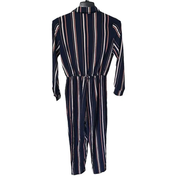 Jumpsuit Striped Ladies Size Medium Striped Elastic Waistband Pockets Navy Blue‎ - Image 6