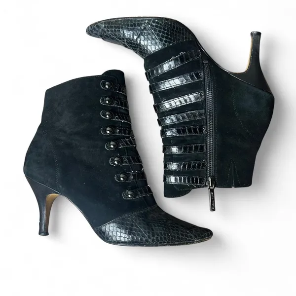Donald Pliner Tinsley Black Suede Kitten Heel Boots (Model Off Duty Edit) - Image 2