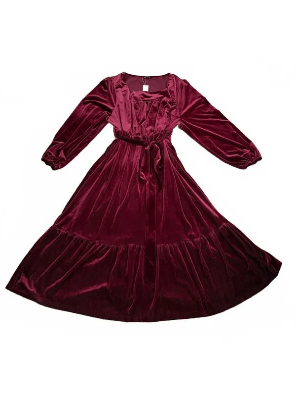 Bloomchic NEW Corduroy Dress Size 26 Red Maroon Flare Trumpet Pleated Coquette - Image 3