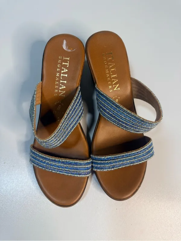 Italina Blue Striped Fabric Wedge Sandals - Image 4