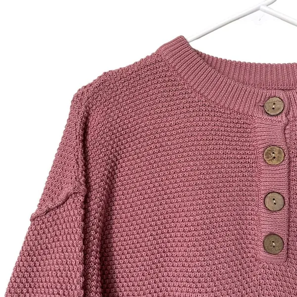 Pink waffle knit sweater buttons casual crewneck warm winter fall oversized - Image 2