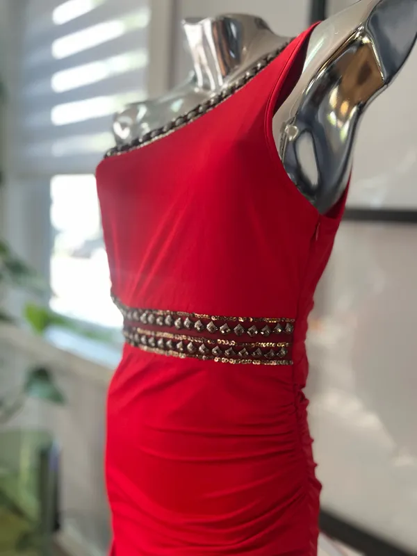 Bebe Red One-Shoulder Beaded Waist Cocktail Dressw - Image 3