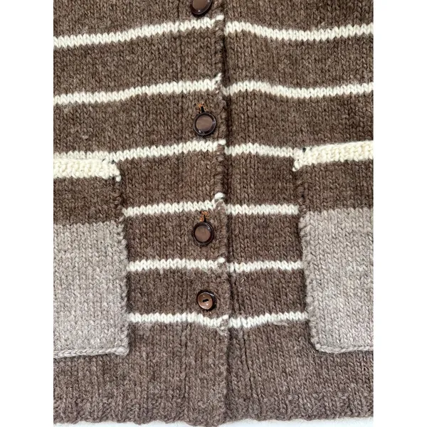 Hand Knit Brown Striped Wool Feel Cardigan Sweater Collared Cottagecore Medium - Image 4