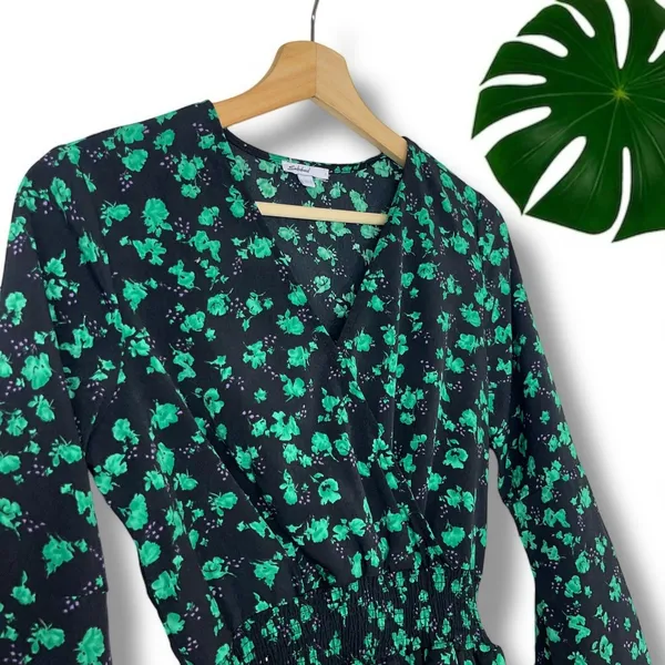 ASOS Subdued Emerald Leaf Floral Print Ruffle Tiered Flare Sleeve Dress - Image 7