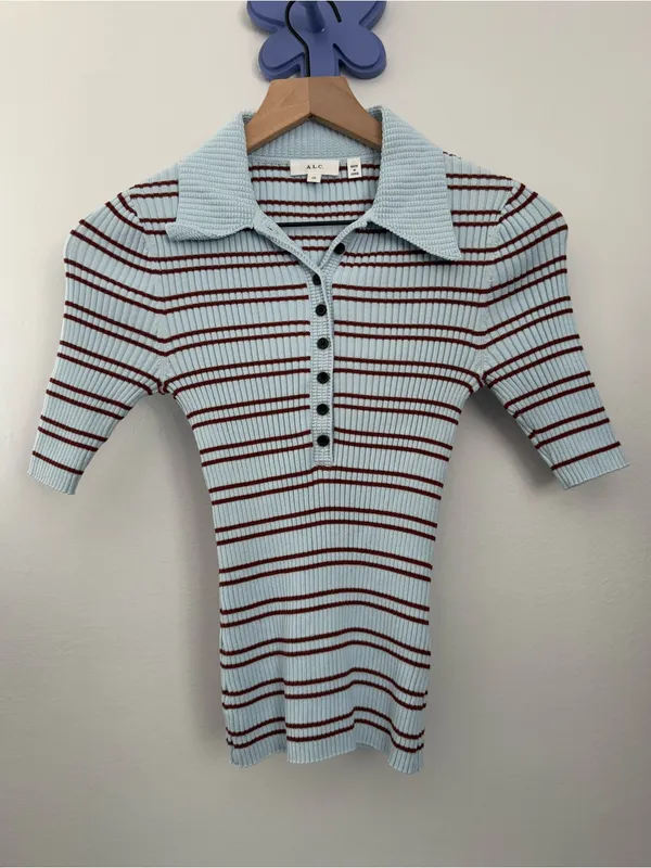 A.L.C. Frank XS Sydney Top Polo Henley Slim Fit Baby Blue Stripe Preppy Work Office - Image 2