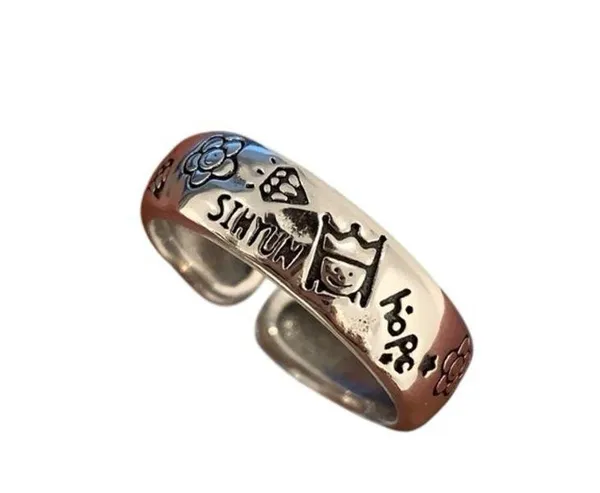 s925 Sterling Silver Retro Floral Prince Graffiti Open Ring for Women - Image 2