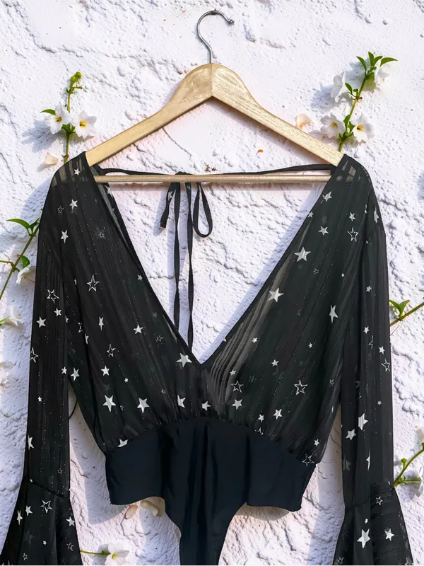Nasty Gal Black Star Print Sheer Bell Sleeve Bodysuit Size 6 - Image 6