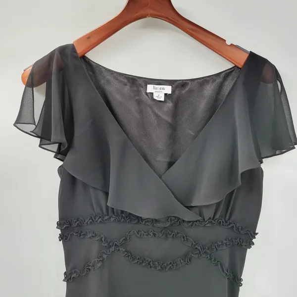 VTG Liz & Co Cocktail Dress Womens 8 Black Ruffled Detail V-Neck Flutter Sleeve - Image 7