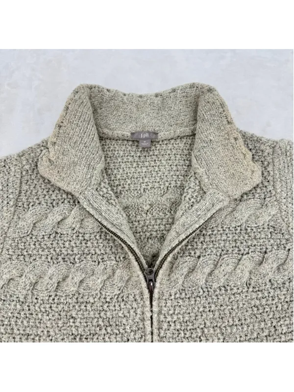 J Jill Tan Cable Knit Cardigan Sweater Zip Front Cottagecore Fisherman Sz Medium - Image 5