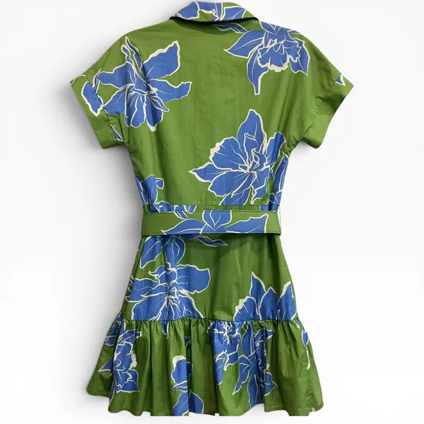 Hutch‎ Green Blue Floral Belted Mini Shirt Dress NWT XS Short Sleeve Ruffle Hem - Image 5