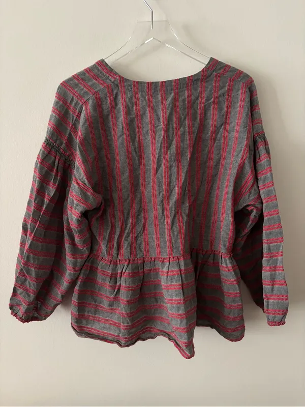Madewell red and gray striped blouse with puffy sleeves, size XL - Image 3