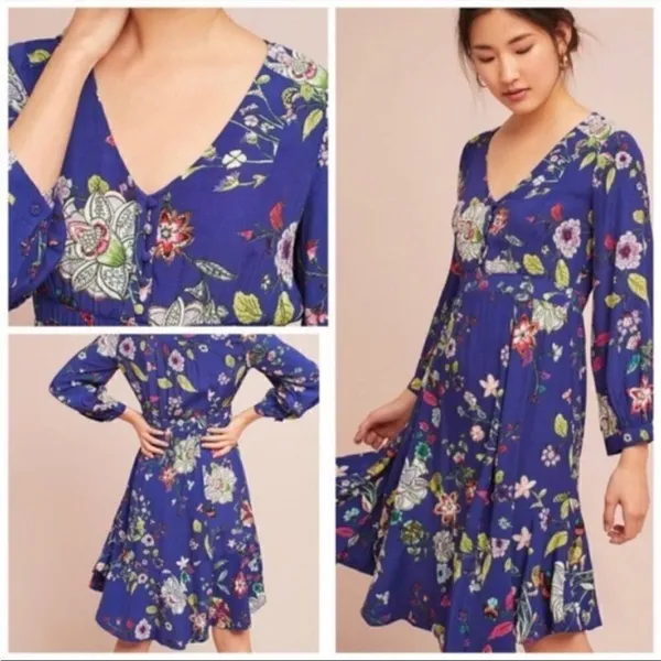 Anthropologie Maeve Purple Floral Long Sleeve Ruffle Hem Dress XS/S - Image 2