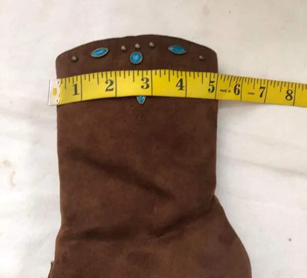 Western boho country chic Brown man-made suede ankle mid-calf boots turquoise stones cowboy/cowgirl approx 3” stiletto heels pointed toe - Image 4
