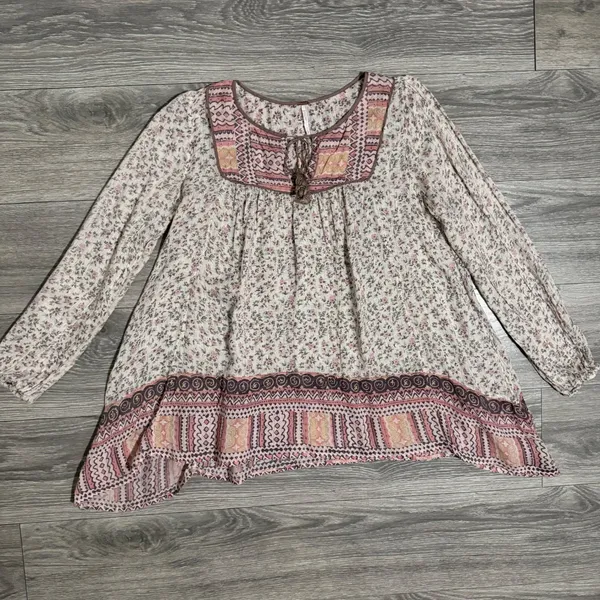 Free People Blouse S Floral Metallic Tassel Peasant Blouse Pink Cream Cottage - Image 12
