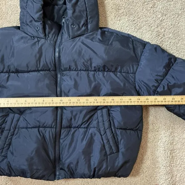 CISONO‎ Navy Blue Puffer Jacket Hooded Cropped Zip Up Women's Size S - Image 3