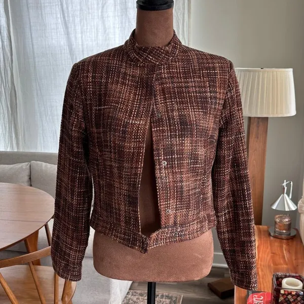 90s Vintage Carole Little Silk Tweed Mock Neck Crop Jacket Brown Petite Small - Image 15