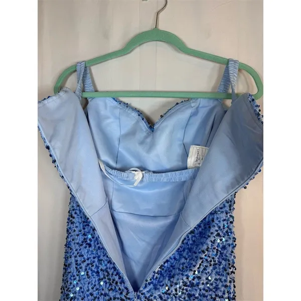 Womens Blue Sequin Ruched Bodycon Mini Dress Sweetheart Off Shoulder - Image 10
