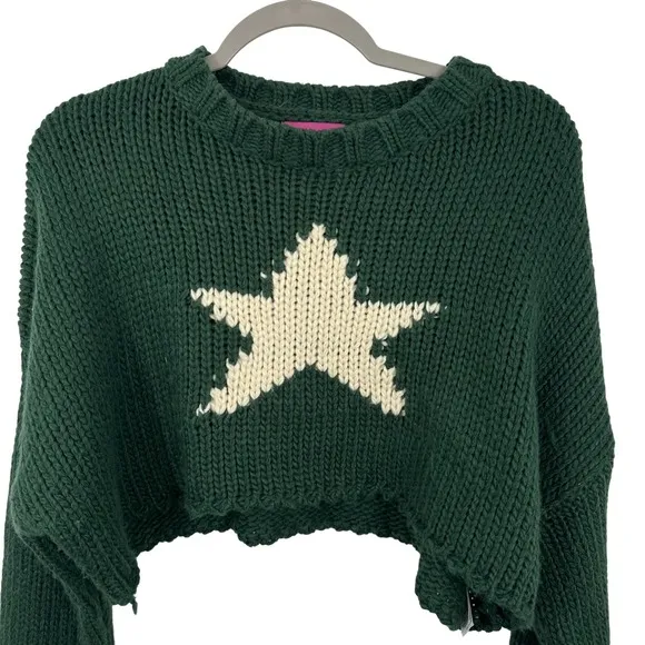Edikted Green Star Cropped Chunky Knit Sweater Crew Neck Long Sleeve Pullover‎ - Image 3