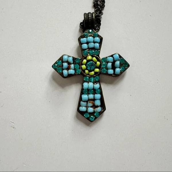 Beaded Cross Necklace in Turquoise Blue - Image 2