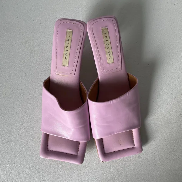 GLOW Leather Heels Square Toe Pink Purple Backless Slip On Women's Size 8 - Image 6