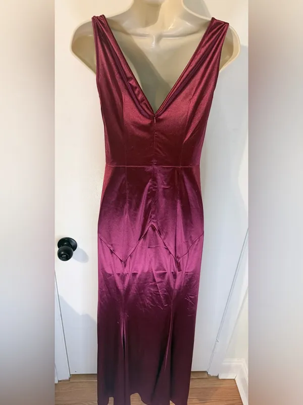 MUXXN S Burgundy Satin Cowl Neck Formal Gown V Back Maxi Dress - Image 13