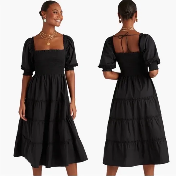 Hill House Nesli Nap Dress Short Puff Sleeve Swiss Dot Tiered Midi Black Small S - Image 3