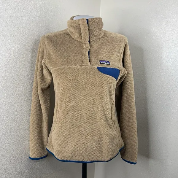 PATAGONIA Re-Tool T-Snap Pullover Sz S Tan Brown Blue Fleece Sweater Half-Snap - Image 3