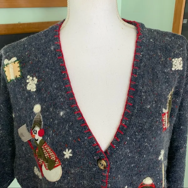 Vintage VJ Woman Angora Christmas Holiday Snowman V Neck Sweater Cardigan 1X - Image 2