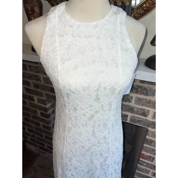 Aura RED DRESS White Lace Halter Neck Maxi Dress Sheer Split Hem Size XS - Image 3