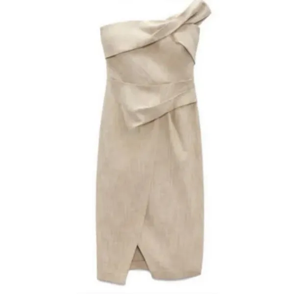 Zara Asymmetric Pencil Dress Slip‎ Midi Camel Taupe Beige Size XS Linen Feel - Image 2