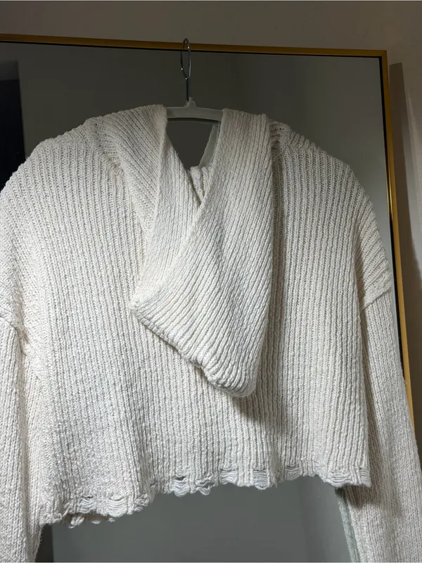 Moon & Madison Knit Hooded Zip Women Sweater in Off-White - L - Image 11