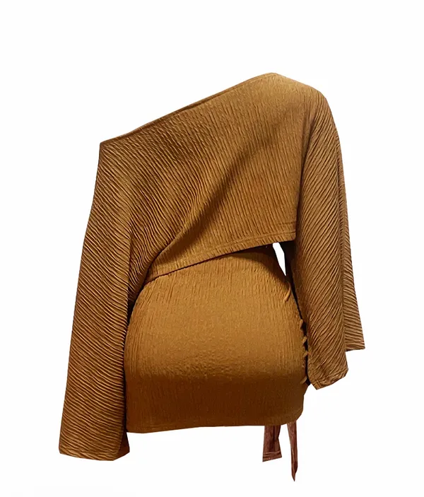 Women's Fashionable Asymmetrical Neckline Batwing Top & Bodycon Skirt Set, Elegant Sexy Chic - Image 3