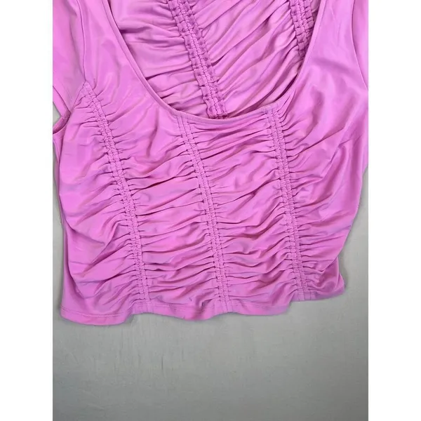 Open Edit Pink Ruched Short Sleeves Scoop Neck Stretchy Top Assymetrical Size L - Image 6