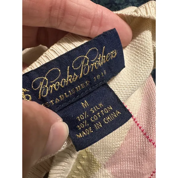 Brooks Brothers Silk Cotton Argyle V-Neck Sweater Vest Pink Orange Cream‎ Y2K M - Image 6