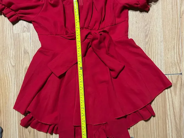 Red Off-Shoulder Tie-Waist flowy dress romper built in shorts. Ladies small - Image 4