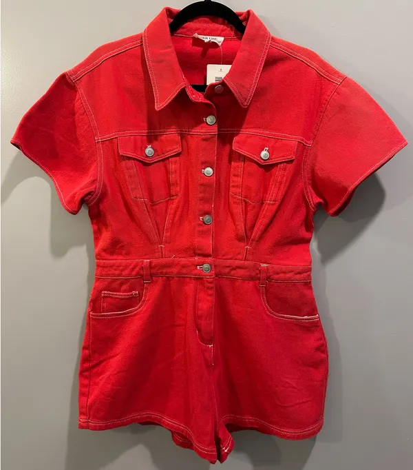 Peach Love Button-Down Red Denim Romper - Image 2