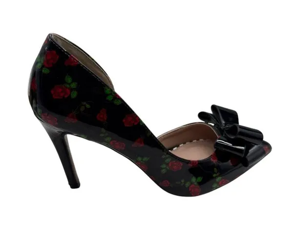 Betsey Johnson Size 6 Floral Pointed-Toe Heels W/ Bow Access Black/Red - Image 3
