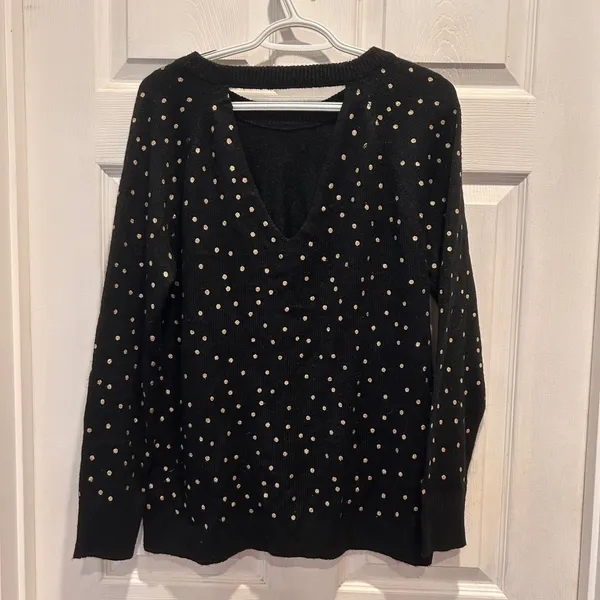 LOFT Black Gold Metallic Polka Dot V-Back Long Sleeve Sweater Size L NWT Festive - Image 4