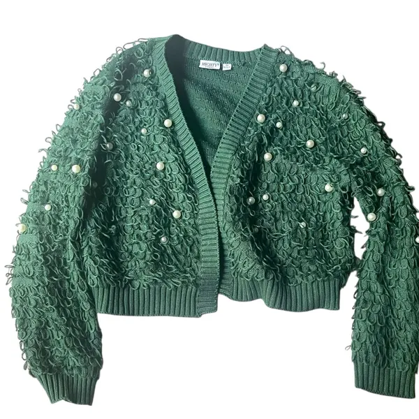 Mighty Fine Womens Loopy Green Pearl Knit Short Cardigan Sweater 2X - Image 2
