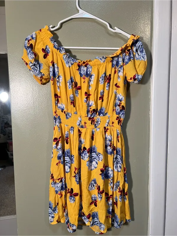Womens Off Shoulder Mini Dress Yellow Burgundy Blue Floral Smocked Elastic Waist - Image 6