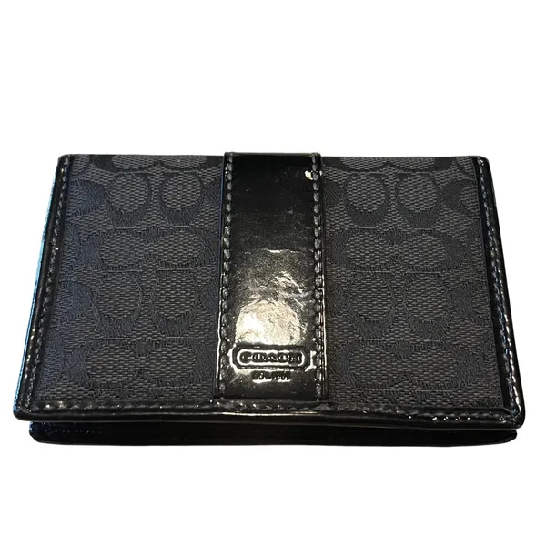 Coach Card Case Womens OS‎ Black Signature Monogram Patent Leather Bifold Wallet - Image 2