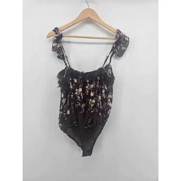 Free People Bodysuit Womens Small‎ Burgundy Floral Lace Trim Ruffle Straps Boho - Image 4