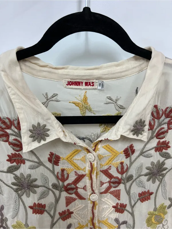 Johnny Was Cream Blouse w/Multicolor Floral Embroidery XXL button up long sleeve - Image 4