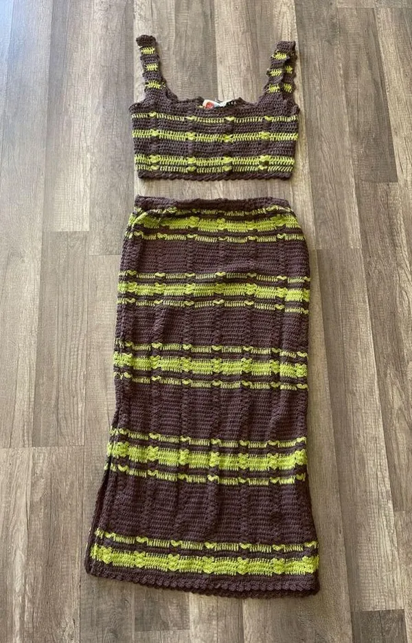 FREE PEOPLE Beach Cover up DONNI Sweater Set Crochet Skirt size small - Image 6