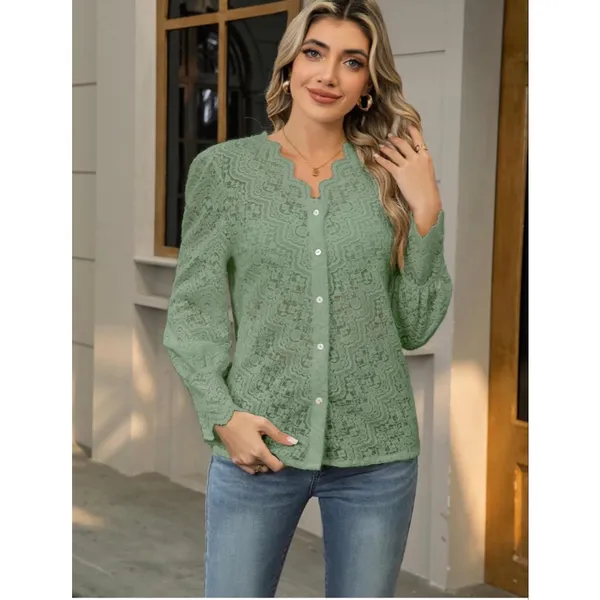 NEW Light Green Lace Tops Blouse Puff Long Sleeve V Neck Button Down M - Image 8