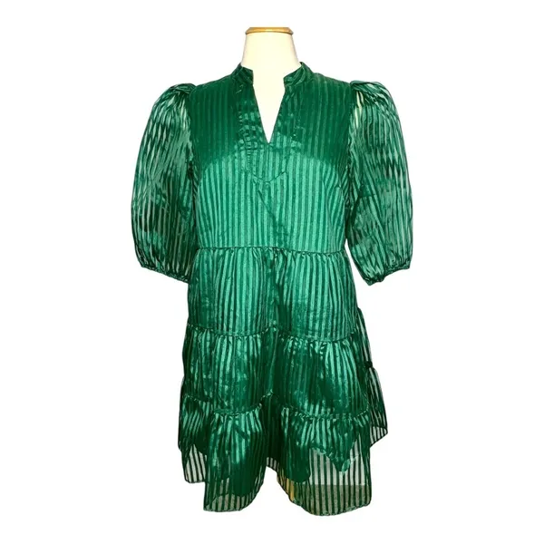 Crown & Ivy Tiered Mini Dress Womens Large‎ Green Striped Puff Sleeve Babydoll - Image 5