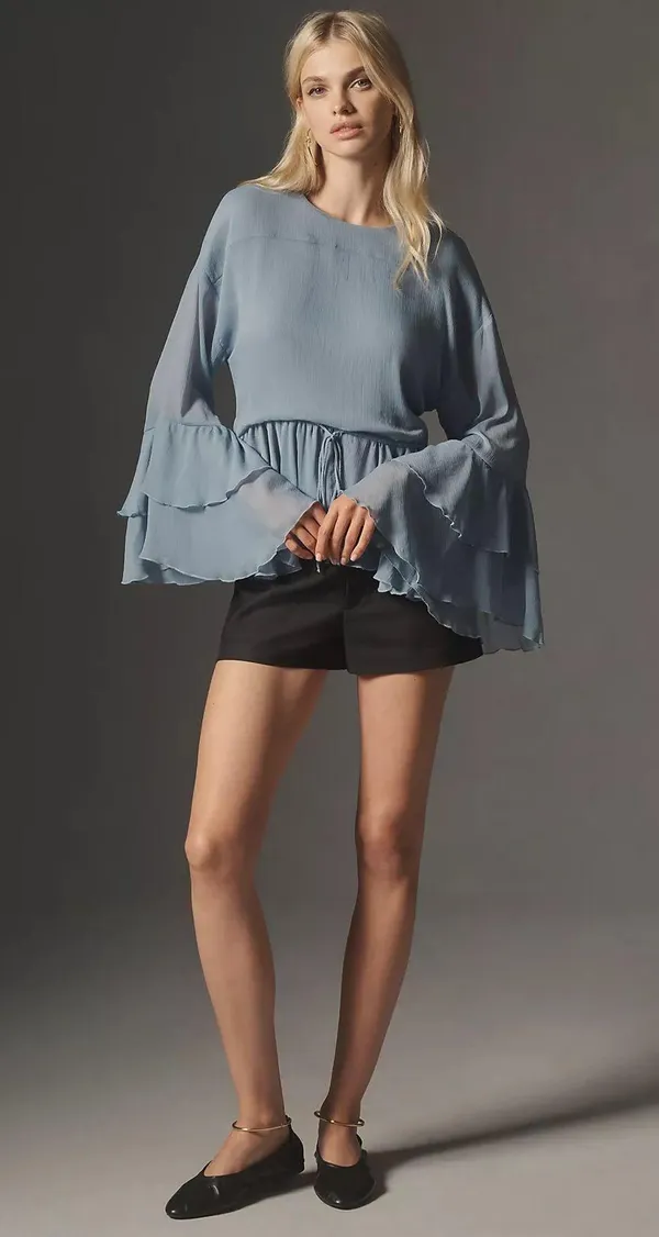 Anthropologie NWT Long-Sleeve Ruffled Tunic Blue Blouse. Size Small - Image 3